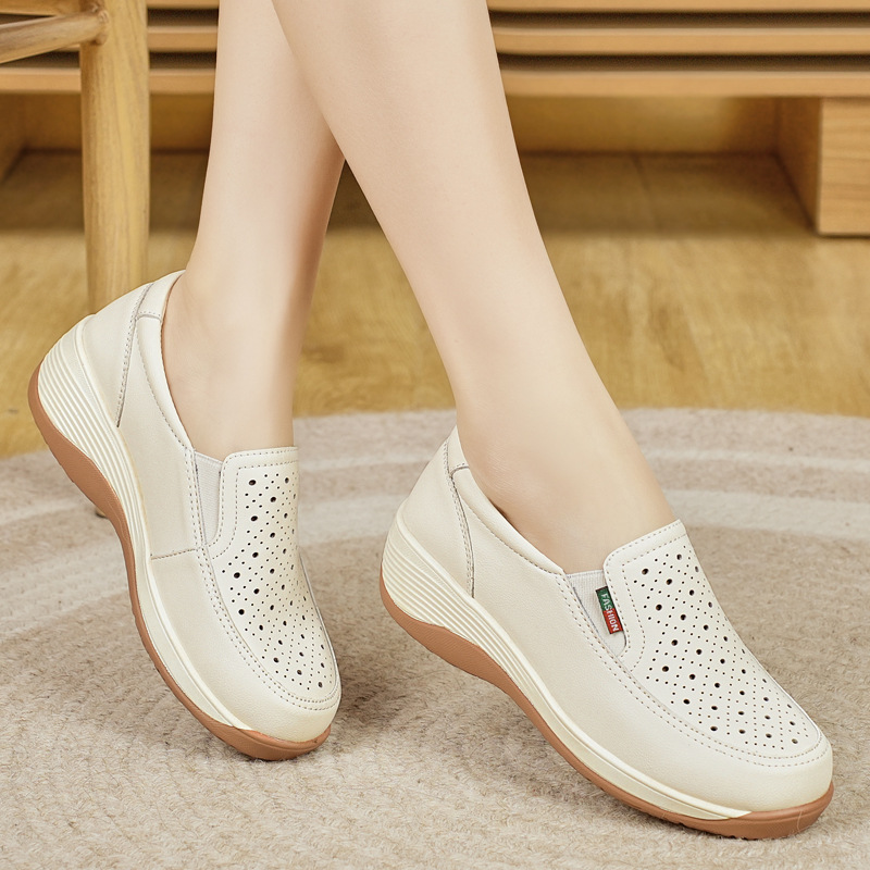 Hollow Slip-On White Shoes for Women 2025 Spring and Summer New Versatile Wedge Heel Thick Sole Non-Slip High Travel Sneakers