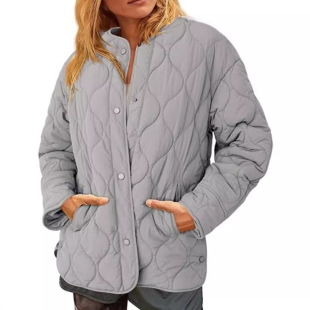 Cross-border Amazon European and American Style 2024 Autumn and Winter Women's Quilted Lightweight Jacket Loose-breasted Pocket Pleated Cotton Cotton Clothes