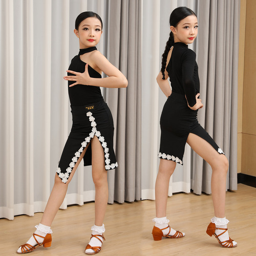 Children black with white lace Latin dance dresses ballroom salsa rumba chacha one shoulder dance skirts children training model show clothing