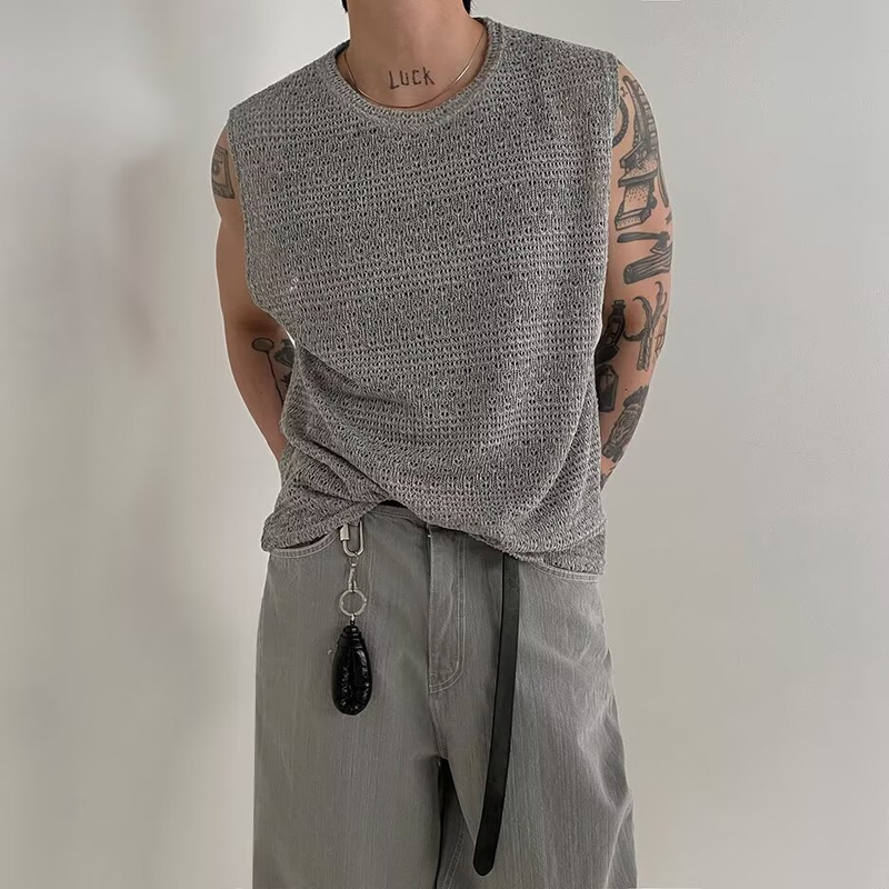 Knitted Hollow Vest for Men, Loose Fit, Summer Thin Ice Silk Sleeveless T-Shirt, Trendy Mature Style Inner Layer Tank Top