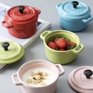 Cross-border export for ceramic binaural Cup Soup Bowl steamed egg bowl with lid oven baking shufflé baking bowl dessert bowl