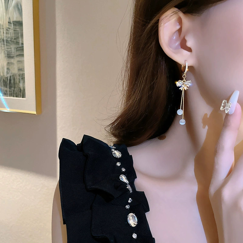Long silver needle, earrings with tassels with bow, silver 925 sample, cat's eye, internet celebrity
