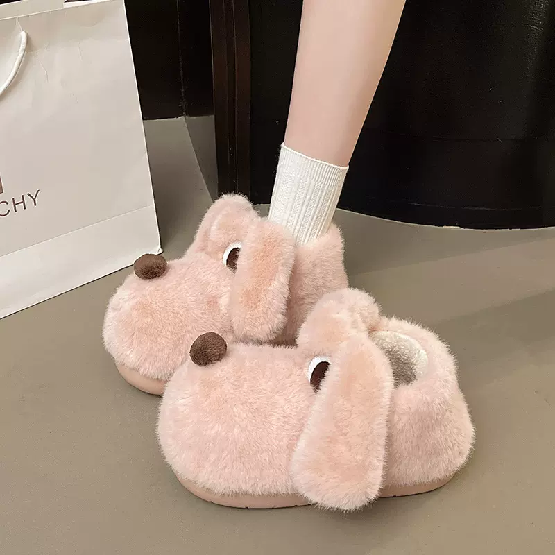 网红卡通狗狗棉鞋女冬季情侣居家厚底增高保暖防滑棉拖鞋女可外穿