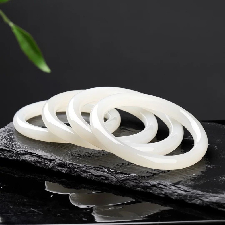 Vòng tay ngọc bích Tân Cương tự nhiên dạng Dingdong dải mỏng mỡ cừu — Vòng tay Dingdong khoảng 7mm để gửi giấy chứng nhận túi quà hộp quà chi tiết 6