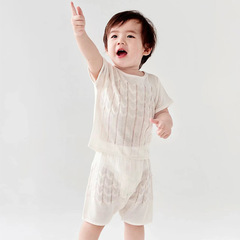 小紅旗輕薄桑蠶絲棉兒童T恤短袖針織衫夏季嬰童哈倫短褲背心套裝
