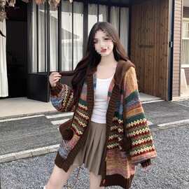 费尔岛复古撞色条纹连帽毛衣外套女秋冬胖MM遮肉显瘦针织开衫上衣