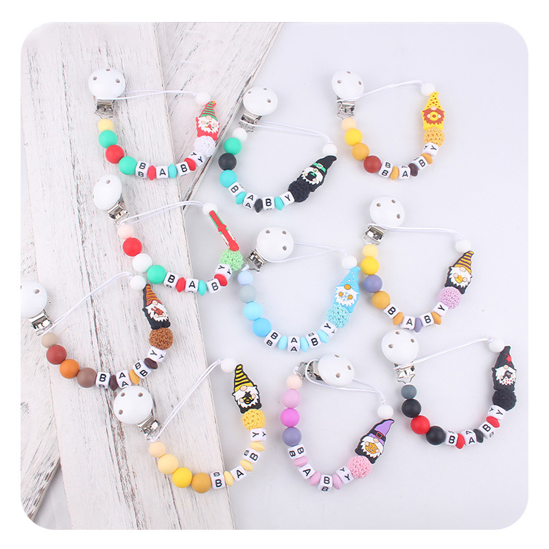 Nuevo BABY letras plásticas de madera chupeta clips Santa Claus silicona bebé pacificador chupeta cadena anti-caída cadena