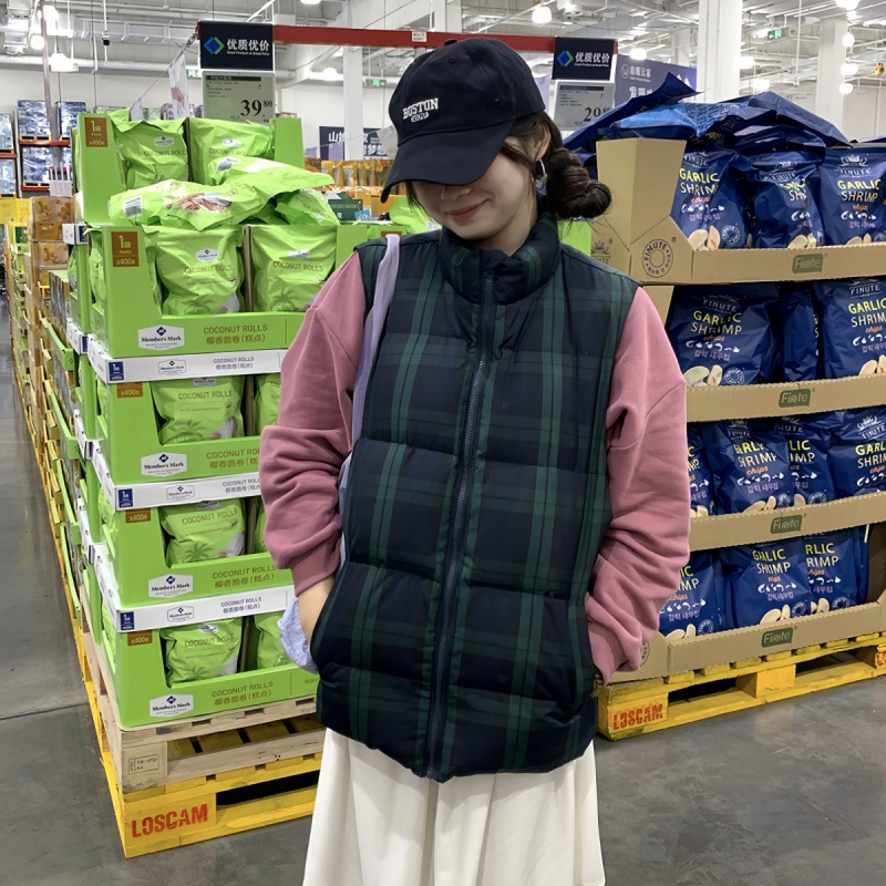 胖棉服马甲女秋冬格子加厚保暖马夹外套女羽绒棉服坎肩背心上衣