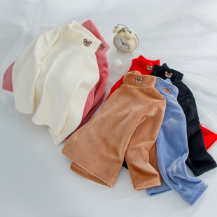 Children's Autumn and Winter Fleece-lined Thickened High Collar Base Shirt for Boys and Girls Half High Collar Fleece Warm Long-sleeved T-shirt Inner Top