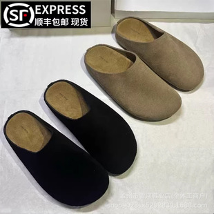 2024 Spring and Autumn New Men's and Women's All-match Retro Genuine Leather Half Slippers Muller Shoes Row Burken Shoes Flat Toe Slippers