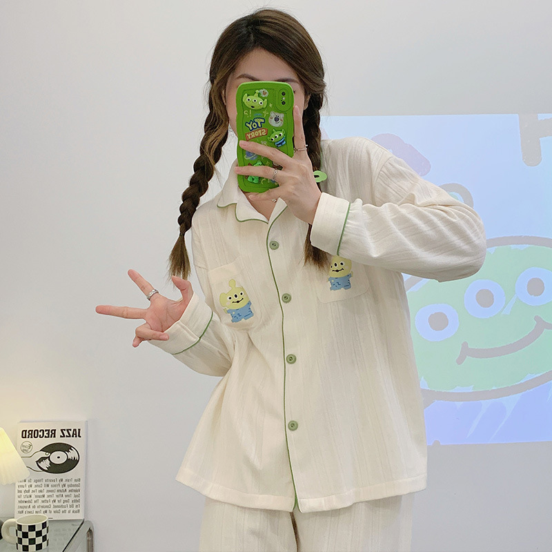 Pijamas simples frescos de las mujeres de algodón peinado Jacquard de otoño e invierno de manga larga cardigan linda chica dulce traje de desgaste para el hogar