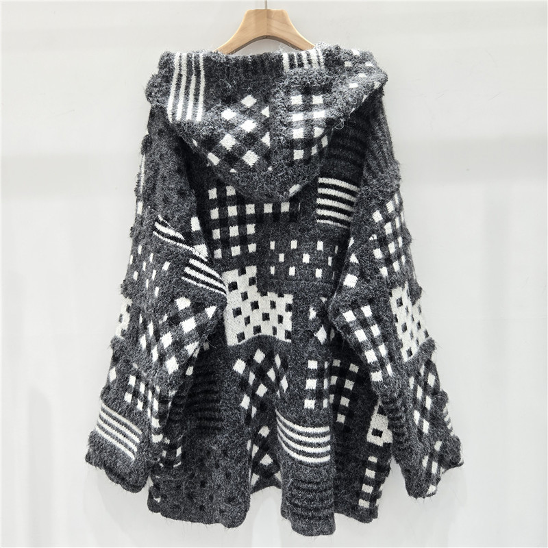 Productos europeos 2025, otoño y invierno, nuevo estilo de alta calidad, jersey jacquard de punto, suéter con capuz suelto y delgado.
