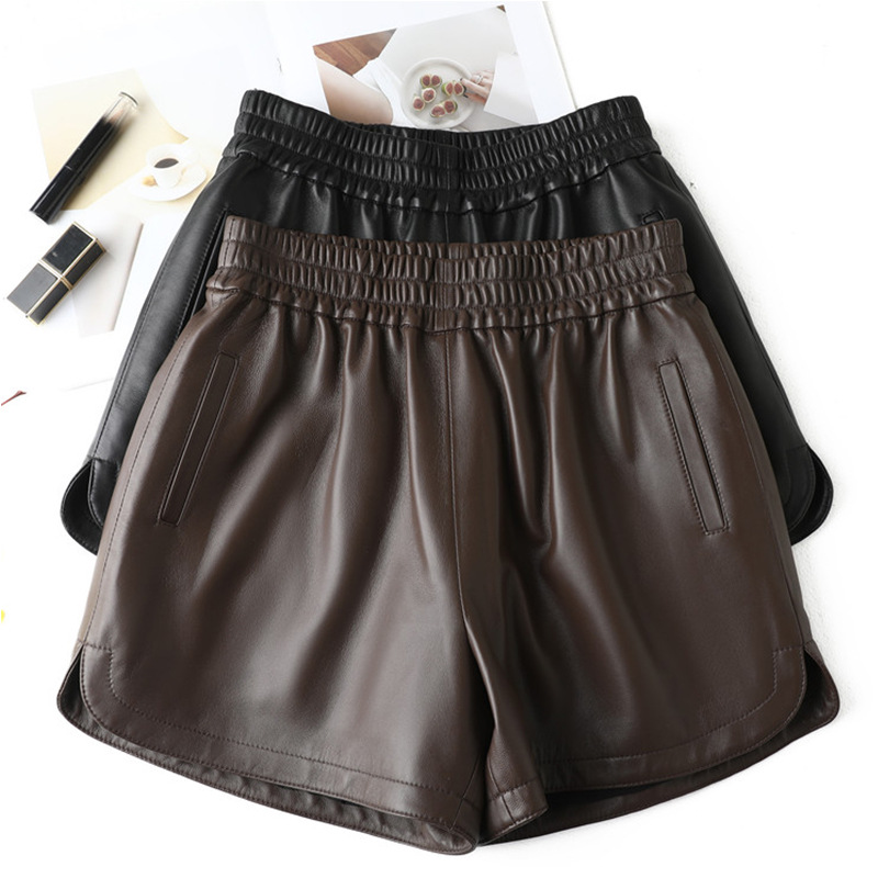 2025新款海宁真皮短裤女绵羊皮阔腿松紧高腰显瘦宽大纯皮外穿靴裤