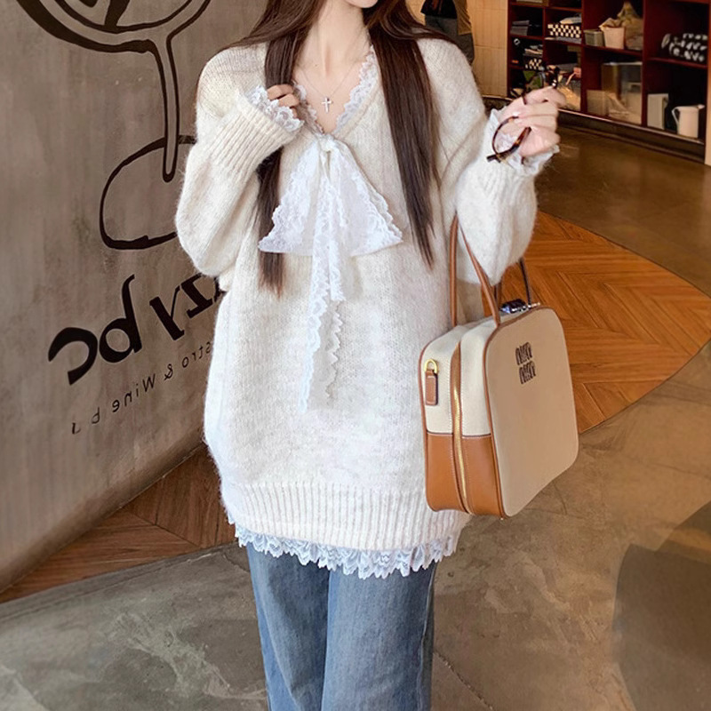 2025早秋小众女装韩系蕾丝拼接百搭打底纯色针织衫套头毛衣女|undefined