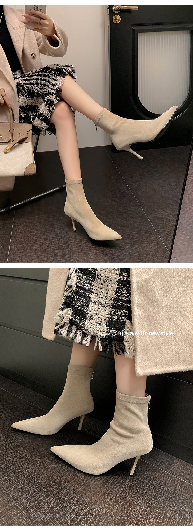 Boot nữ cổ cao ôm chân mũi nhọn gót siêu cao da lộn Thu Đông 2025 — Lớp lót đơn kaki ống cao, Lớp lót nhung kaki ống cao, Lớp lót nhung đen ống cao, Lớp lót nhung kaki trên đầu gối chi tiết 45
