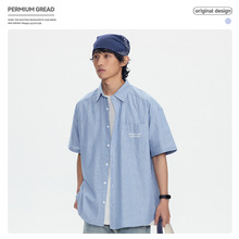日系简约基础款复古口袋字母印花短袖衬衫男女经典百搭廓形衬衣