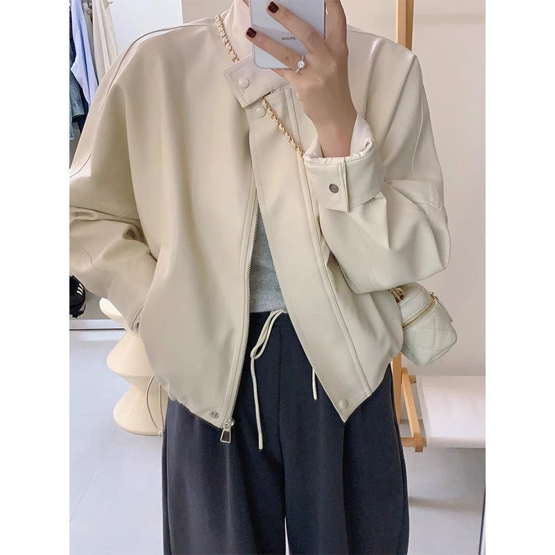 White Short Leather Jacket for Women, New Popular Spring and Autumn Style, Unique and Super Stylish for Petite Figures, Motorcycle Ld