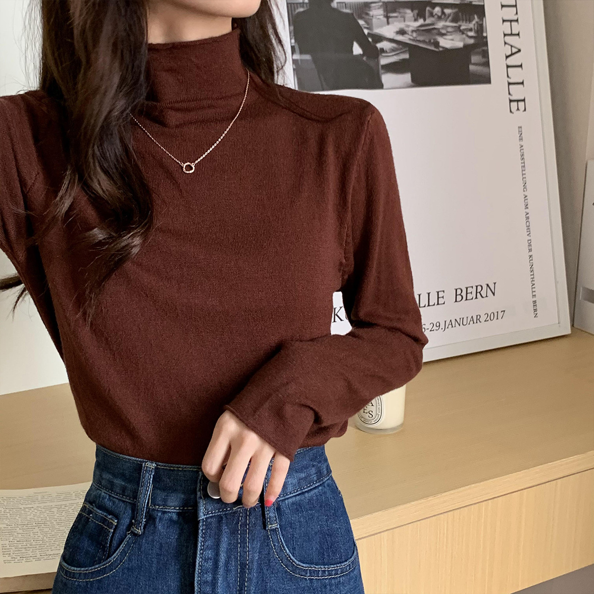 Slim Solid Color Long-Sleeved Small High-Necked Top NSFYF85669