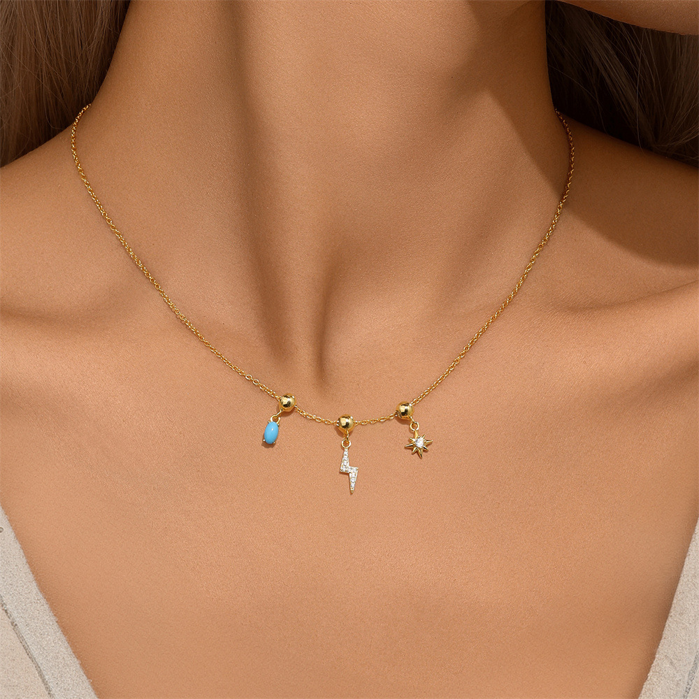 925 Sterling Silver Zircon Cable Chain Plating Lightning Multi Charms Necklace display picture 2