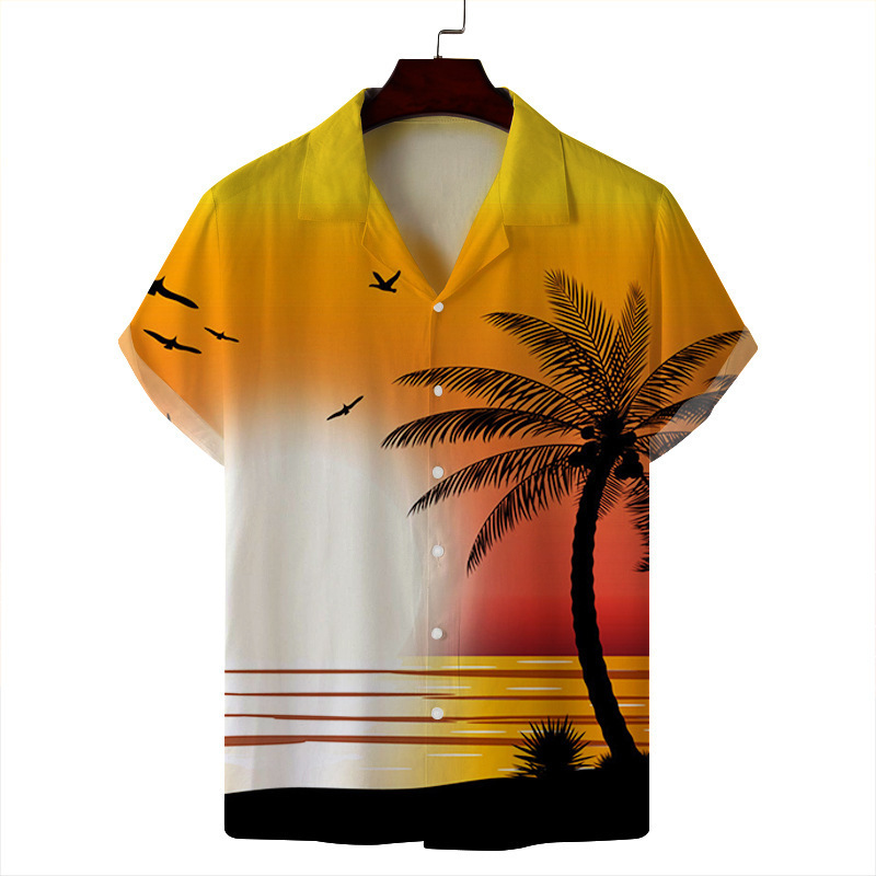 2024 verano hombre delgado casual cuello cubano moda cara hawaiana elástica camisa de manga corta con estampado digital 3D