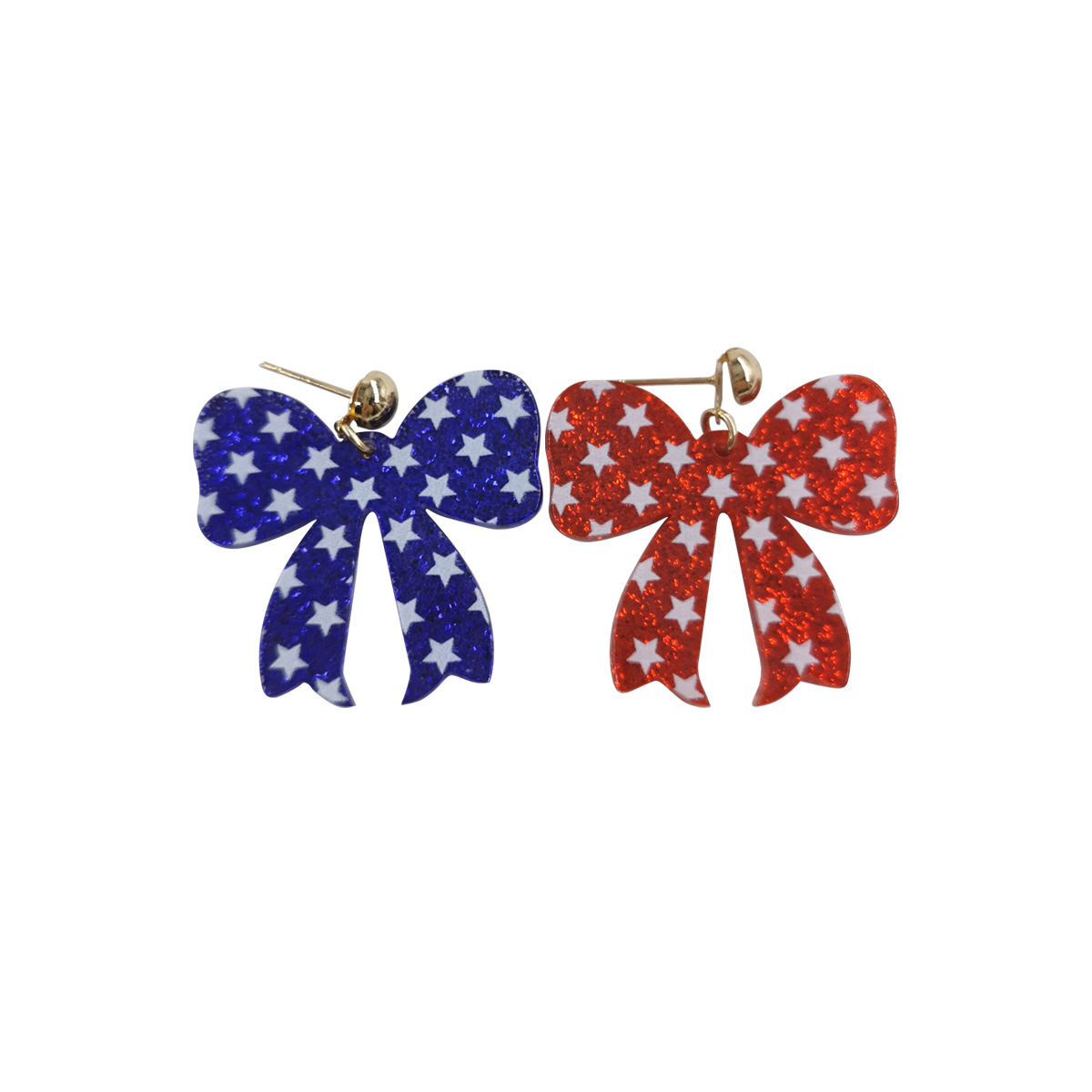 Fashion American Independence Day Red White Blue Color Contrast Exaggerated Retro Bow Stars Acrylic Printed Earrings