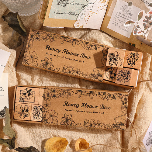 Yuezhen cross-border flower box honey language series handbook seal retro wooden plant flowers children's seal set 8 pieces