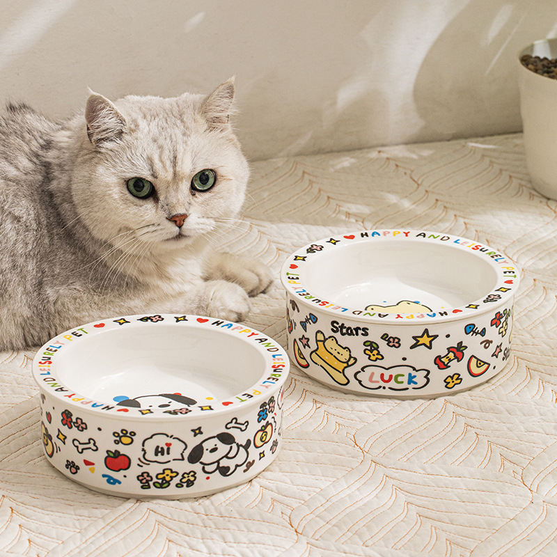 Cute Ceramic Cat Bowl and Dog Bowl Graffiti Pet Bowl Flat Mouth Cartoon Water Bowl Food Bowl Anti-Knock over Anti-Black Chin Food Bowl Cute Ceramic Cat Bowl and Dog Bowl Graffiti Pet Bowl Flat Mouth Cartoon Water Bowl Food Bowl Anti-Knock over Anti-Black Chin Food Bowl