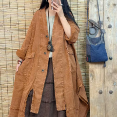 复古炒色做旧亚麻长款翻领长袖女装2025秋季新款宽松时尚百搭大码