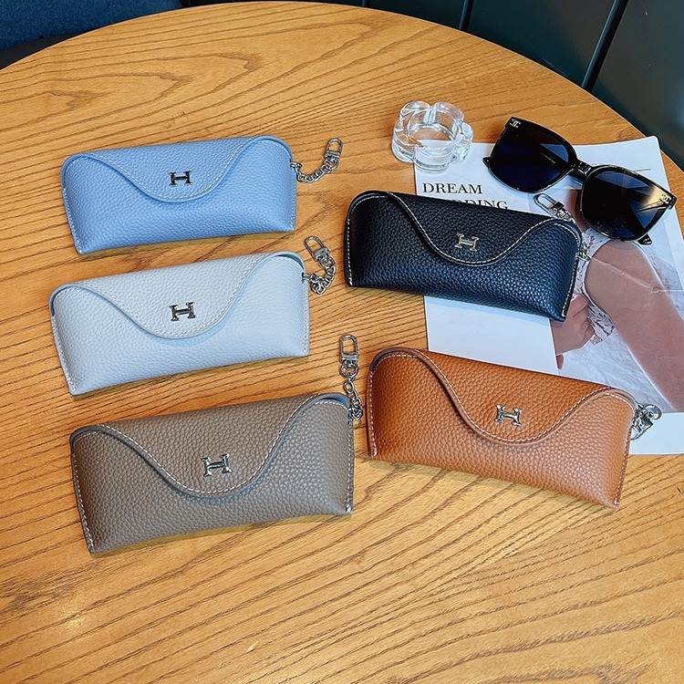 Genuine Leather H buckle anti-pressure glasses bag portable sunglasses box storage bag men's and women's myopia glasses anti-drop protective cover universal