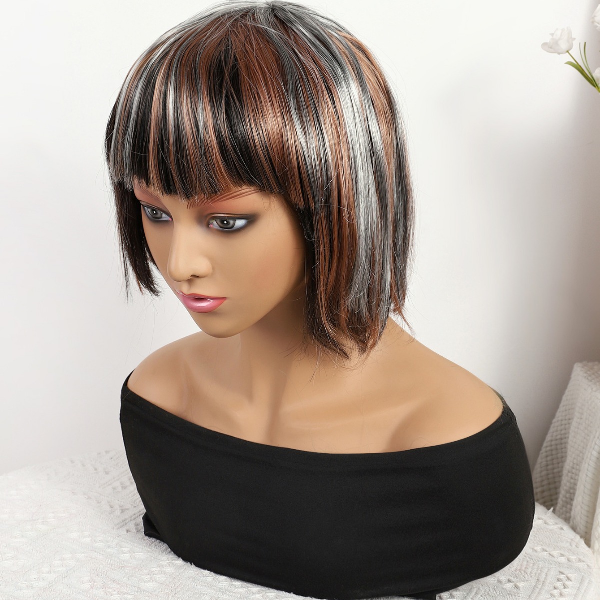 Nuevo estilo transfronterizo marrón degradado largo recto 12inch sin encaje cabello lacio europeo y americano peluca brasileña