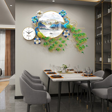 K532新中式孔雀钟表客厅家用时钟时尚大气山水挂画墙饰上装饰壁挂