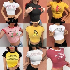 特別オファー Amazon の人気のマルチスタイルプリントカラーレターレディースプリントタイトショートTシャツラウンドネックトップ
