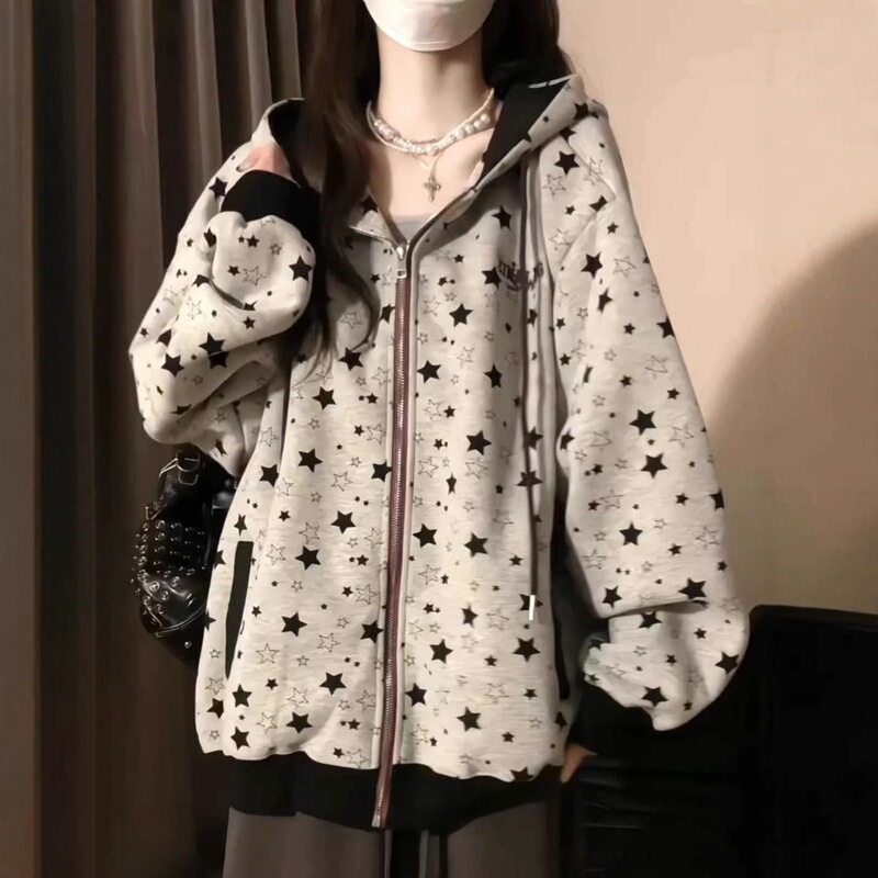 American-style high-street star-printed hooded sweatshirt for women, new spring/autumn collection, loose-fitting, preppy style, zip-up cardigan American-style high-street star-printed hooded sweatshirt for women, new spring/autumn collection, loose-fitting, preppy style, zip-up cardigan