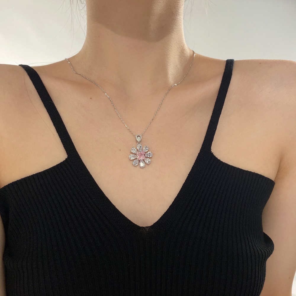 6g Weight Zircon Inlay Material Pendant Necklace Classification cable chain Chain Type 1 Piece Quantity 925 Sterling Silver Zircon Cable Chain Plating Inlay Water Droplets Flower Pendant Necklace