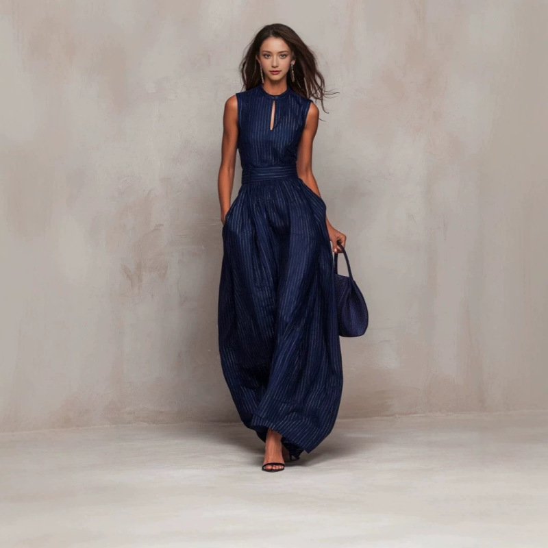 European and American Style 2026 New Deep Blue Striped Sleeveless Waist-Cinching Wide-Leg Jumpsuit for Women, Long and Elegant Fashion Cross-Border Women's Clothing European and American Style 2026 New Deep Blue Striped Sleeveless Waist-Cinching Wide-Leg Jumpsuit for Women, Long and Elegant Fashion Cross-Border Women's Clothing