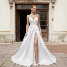 欧美新款外贸婚纱亚马逊爆款跨境开叉礼服独立站白色交叉细带婚纱