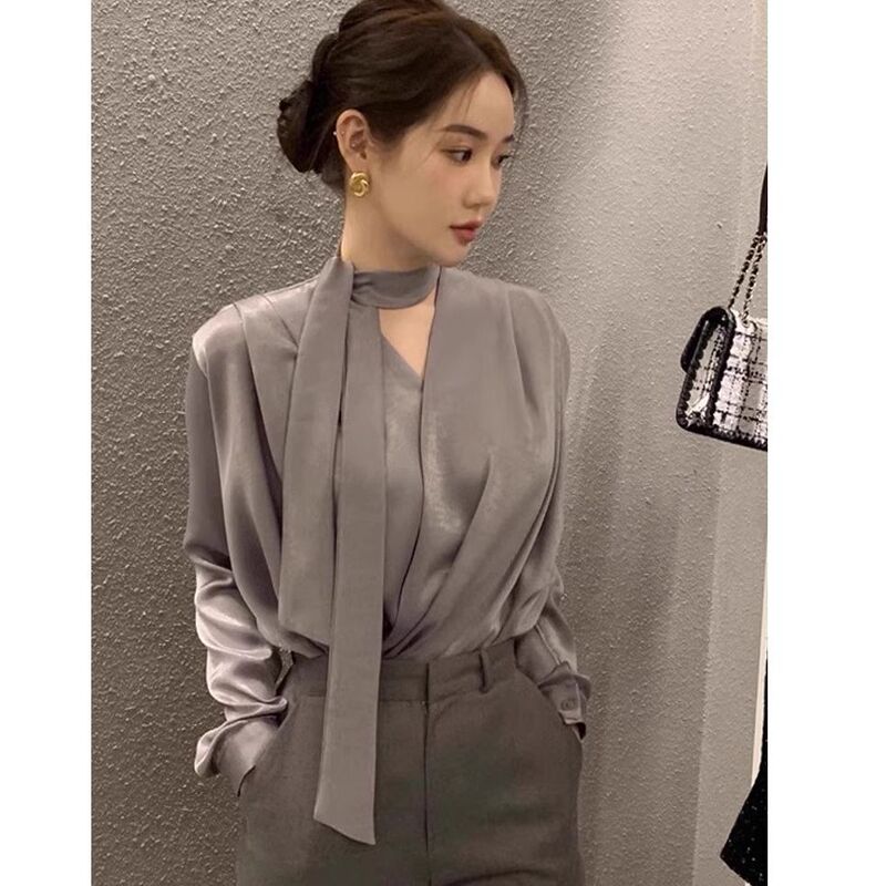 French-Style Light Luxury Elegant Socialite Halter Neck Blouse for Women, Spring and Autumn Women's Chic Shirt with a High-End Feel, Long-Sleeve Tie-Up Top