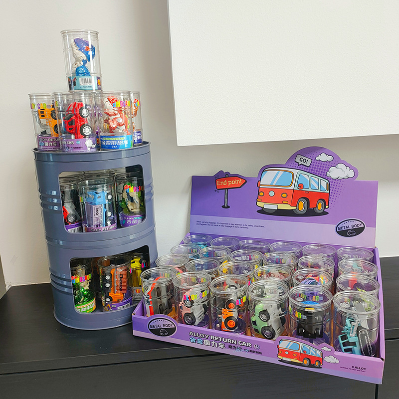 New Alloy Car Alloy Deformed Dinosaur Hand-Made Toy Model Pull-Back Car Oil Barrel Display Stand Supermarket