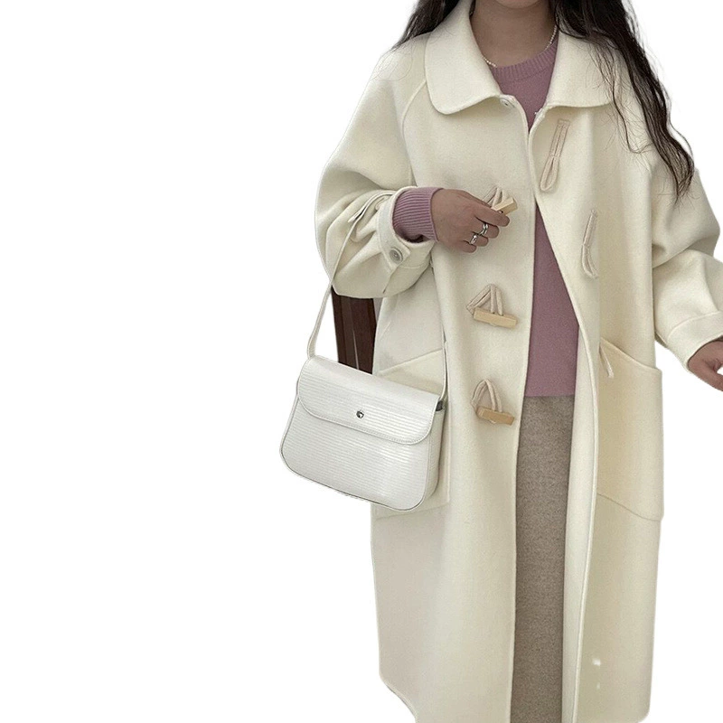 Long double-sided velvet woolen coat, jacket, doll, mid-length, for teenagers, puff sleeves, doll collar