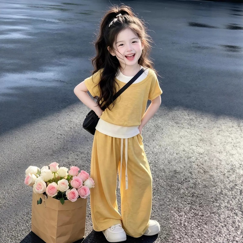 女童短袖套装新款儿童洋气时髦拼色女孩百搭韩系假两件夏装运动服