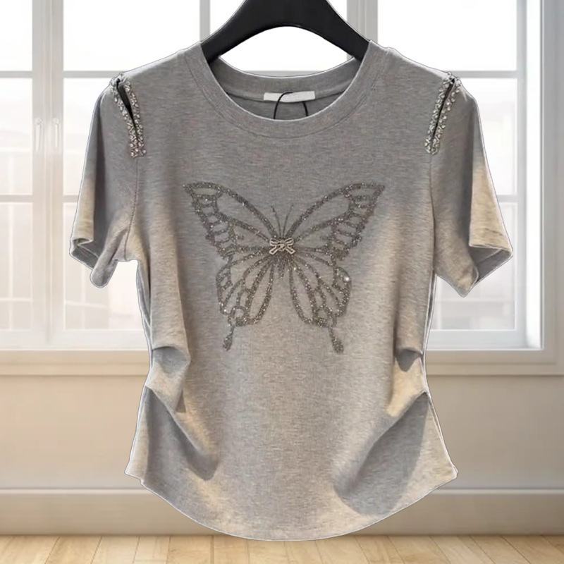 Factory direct supply high rating 100% cotton summer round neck butterfly rhinestone short sleeve T-shirt women's fashion jacket women's clothing