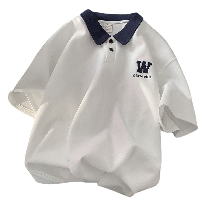 Polo manga corta de los hombres de verano suelto bordado pesado color sólido juventud Camiseta estilo universitario contraste color media manga camiseta