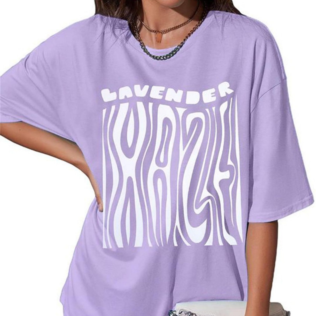 外贸女上衣跨境电商亚马逊lavender印花彩棉oversizeT恤
