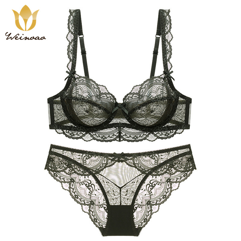 Large size set, women's sexy lace lingerie underwear, gathered adjustable bra_voghion.com