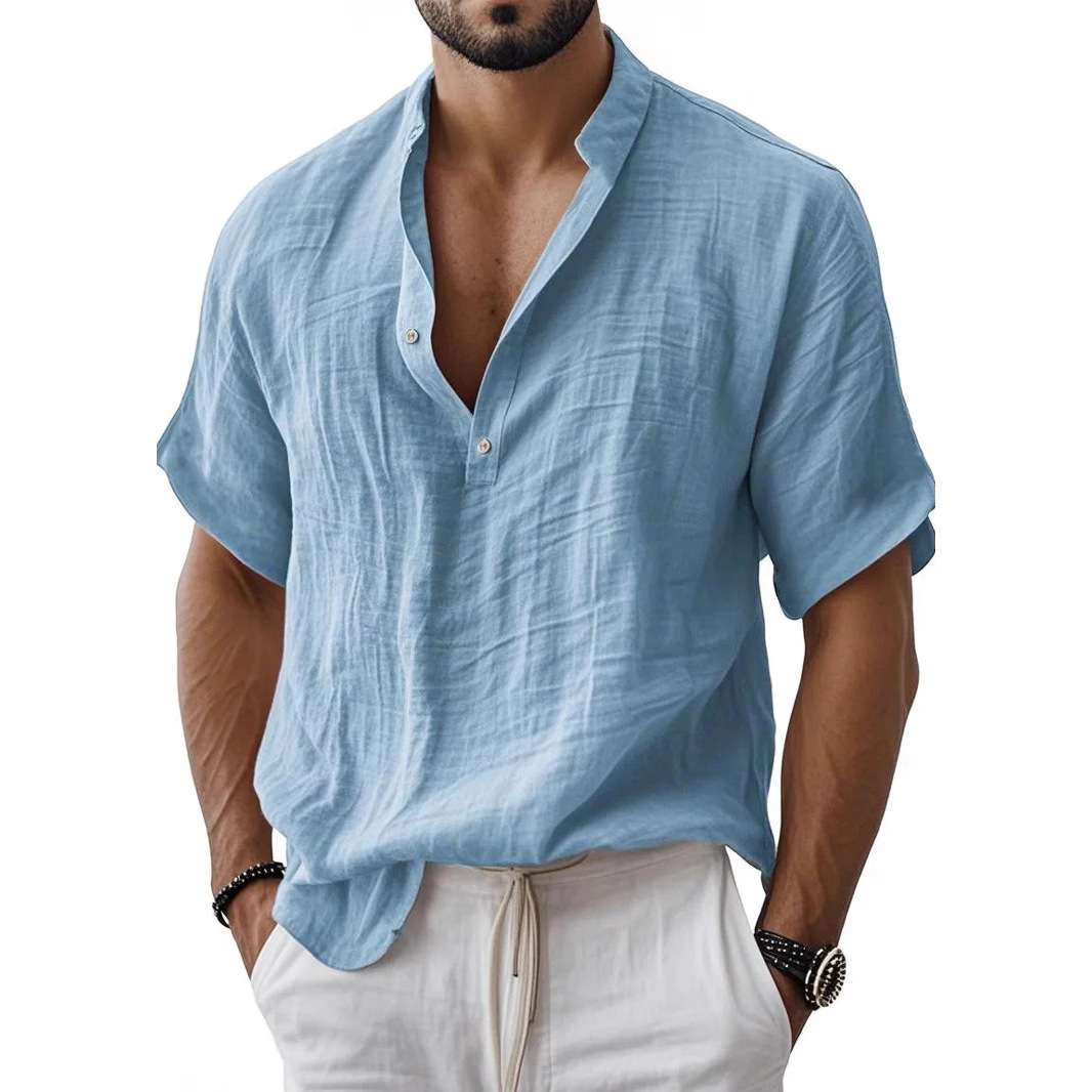 2025 Export European and American Men's Summer New Men's Lapel Shirt Pure Color Short-Sleeved Casual Versatile Cotton and Linen Shirt