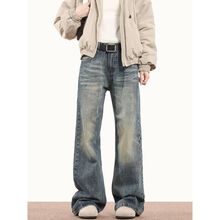 美式高街cleanfit复古水洗做旧牛仔裤男潮直筒微喇显瘦vibe长裤子