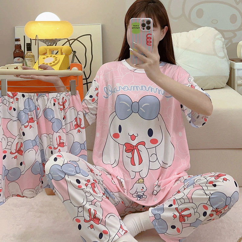 睡衣女夏季新款卡通三件套可爱简约休闲圆领家居服套装可外穿|undefined