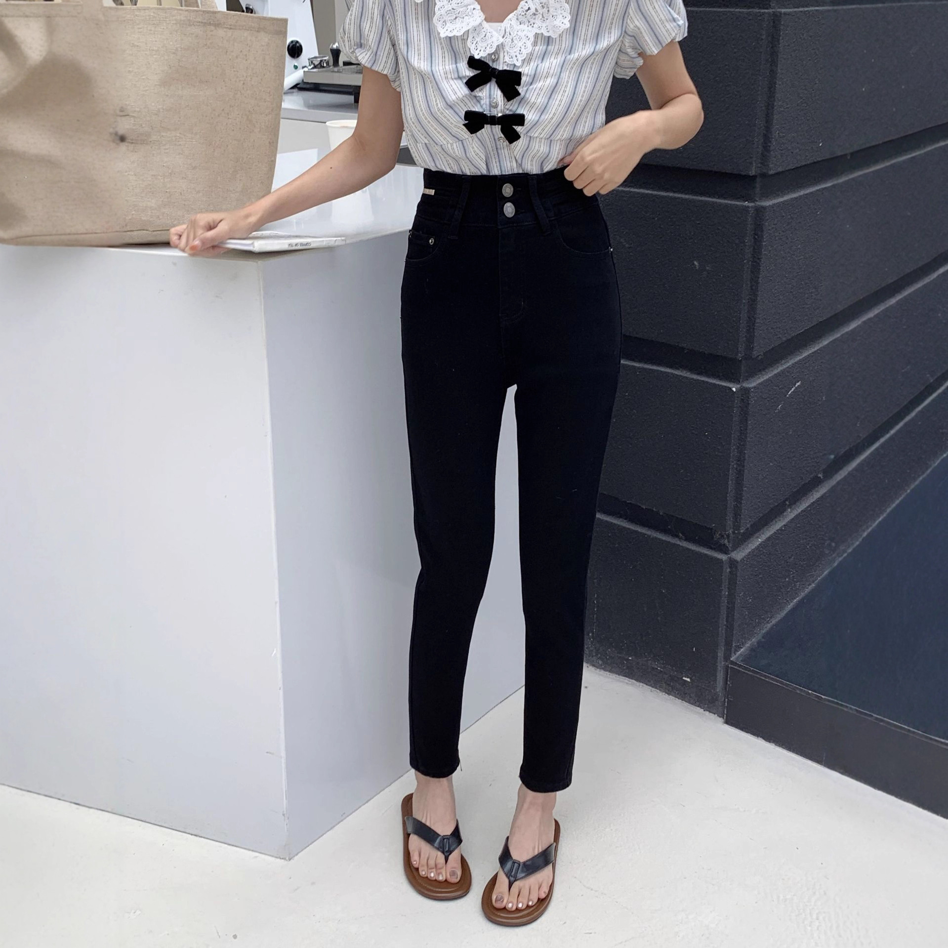 定制 黑色小脚裤牛仔裤女2025新款基础款高腰显瘦弹力修身九分裤