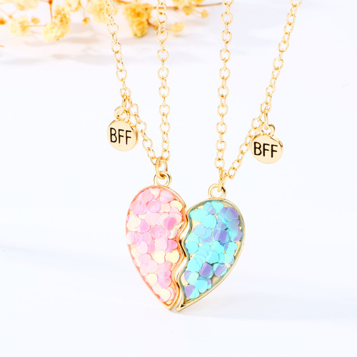 Cross-border new BEST best friend necklace set magnet pair of sequined green onion powder glue pendant for female students