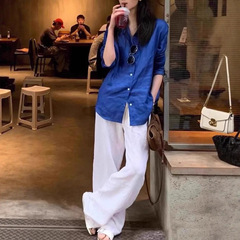 老钱风亚麻衬衣女2025秋季新款防晒白色棉麻衬衫高级感阔腿裤套装